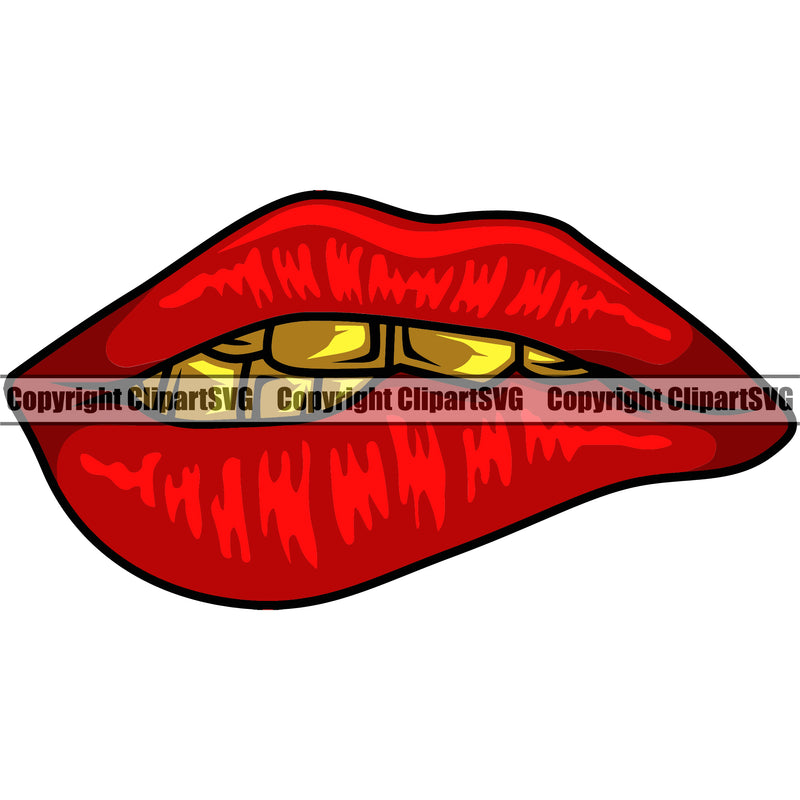 Lips Red Color Gold Teeth Design Element Face Character Thug Woman Female Girl Lady Mean Mug Bling Jewelry Mascot Creation Create Sexy Mouth Position Head Cartoon Art Artwork Creator Business Company Logo Clipart SVG