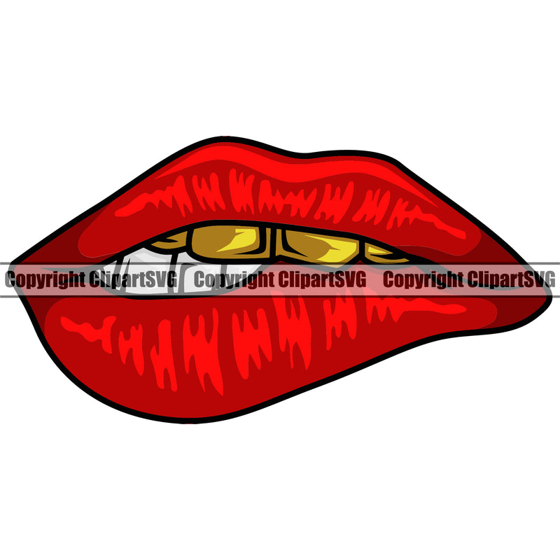 Lips Top Gold Teeth Design Element Red Color Face Sexy Mouth Position Gangster Grill Thug Mean Mug Bling Jewelry Cartoon Character Mascot Creation Create Art Artwork Creator Business Company Logo Clipart SVG
