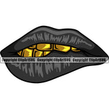 Lips Black Color Design Element Gold Teeth Face Sexy Mouth Position Thug Mean Mug Bling Jewelry Woman Female Girl Mascot Creation Create Art Artwork Creator Business Company Logo Clipart SVG