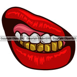 Lips Bottom Gold Teeth Design Element Red Color Face Sexy Mouth Position Gangster Grill Thug Mean Mug Bling Jewelry Cartoon Mascot Create Art Artwork Creator Business Woman Female Girl Logo Clipart SVG