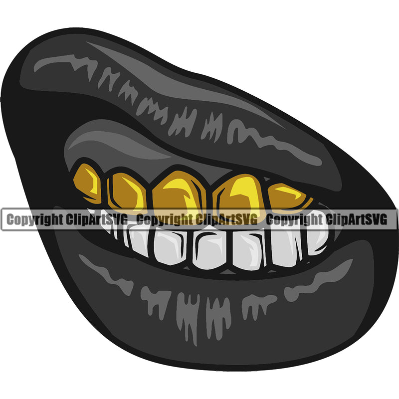 Lips Bottom Gold Teeth Design Element Gangster Grill Thug Mean Mug Bling Jewelry Face Mouth Position Head Character Mascot Create Art Artwork Creator Woman Female Girl Lady Business Company Logo Clipart SVG