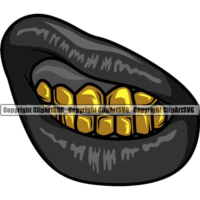 Lips Both Gold Teeth Design Element Face Sexy Mouth Position Woman Female Girl Lady Cartoon Gangster Grill Thug Mean Mug Bling Jewelry Mascot Creation Create Art Artwork Creator Business Company Logo Clipart SVG