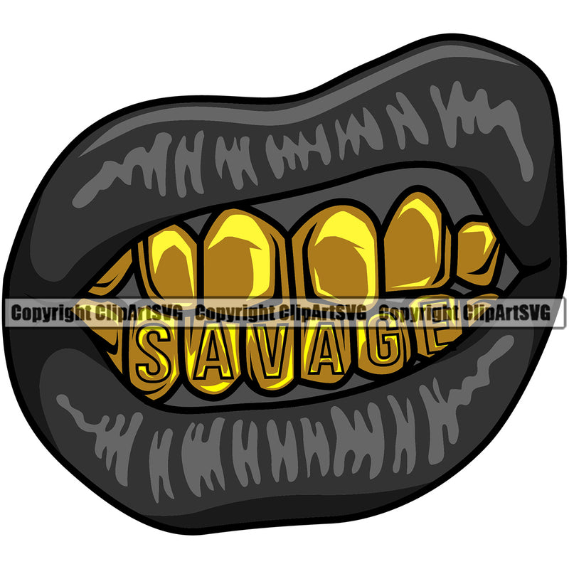Lips Gold Teeth Both Savage Design Element Face Sexy Mouth Position Head Cartoon Character Mascot Creation Create Art Creator Business Gangster Grill Thug Mean Mug Bling Jewelry Logo Clipart SVG