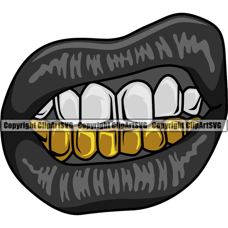 Lips Gold Teeth Bottom Design Element Face Sexy Mouth Position Head Character Gangster Grill Thug Mean Mug Bling Jewelry Create Art Artwork Creator Business Company Logo Clipart SVG