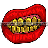 Lips Red Color Design Element Gold Teeth Face Sexy Mouth Position Head Cartoon Character Mascot Create Art Gangster Grill Thug Mean Mug Bling Jewelry Creator Company Logo Clipart SVG