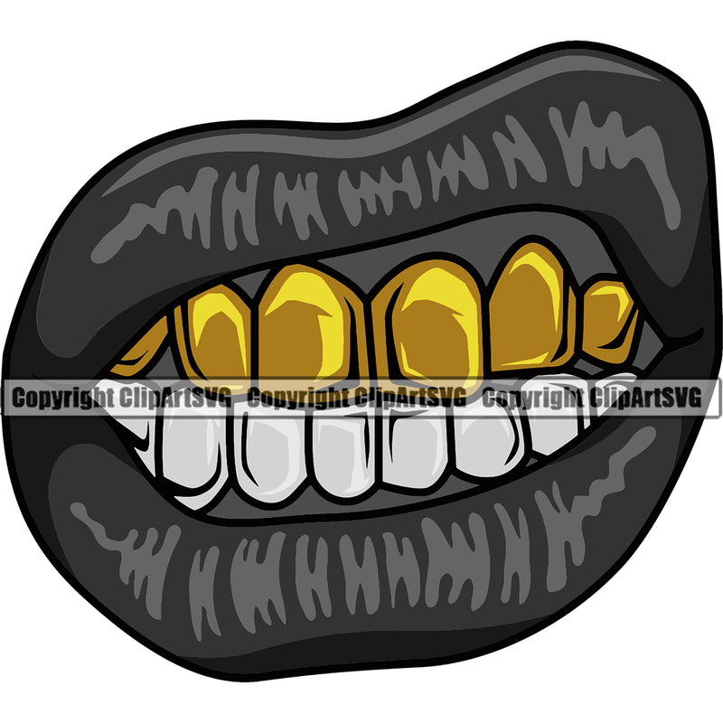 Lips Black Color Top Gold Teeth Design Element Gangster Grill Thug Mean Bling Jewelry Face Sexy Mouth Position Cartoon Character Mascot Create Woman Female Girl Lady Artwork Creator Business Company Logo Clipart SVG
