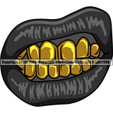 Lips Gold Teeth Black Color Design Element Face Sexy Mouth Position Cartoon Mascot Gangster Grill Thug Mean Mug Bling Jewelry Create Art Artwork Creator Business Company Logo Clipart SVG