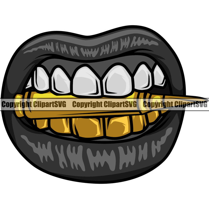 Lips Black Gold Teeth Bullet Bottom Design Element Face Sexy Mouth Position Head Cartoon Character Mascot Creation Create Art Artwork Creator Business Company Logo Clipart SVG