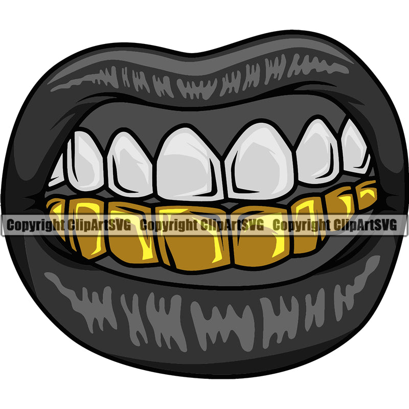 Lips Gold Teeth Design Element Bottom Color Face Sexy Mouth Position Gangster Grill Thug Mean Mug Bling Jewelry Cartoon Character Mascot Creation Create Art Artwork Creator Business Company Logo Clipart SVG