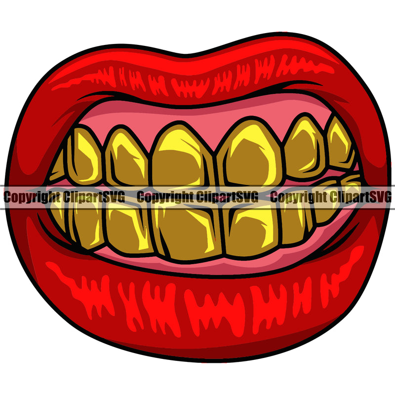 Lips Red Color Gold Teeth Design Element Face Sexy Mouth Position Gangster Grill Thug Mean Mug Creator Business Company Logo Bling Jewelry Cartoon Character Mascot Creation Create Art Artwork  Clipart SVG