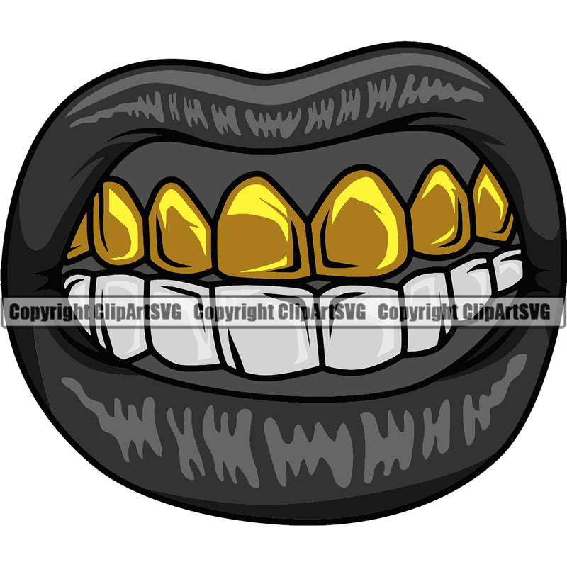 Lips Gold Teeth Top Color Design Element Face Gangster Grill Thug Mean Mug Bling Jewelry Position Head Cartoon Character Mascot Creation Create Art Artwork Creator Business Company Logo Clipart SVG