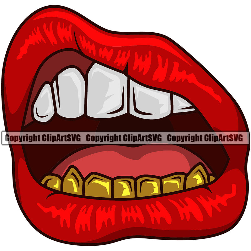 Lips Gold Teeth Design Element Bottom Gangster Grill Thug Mean Mug Bling Jewelry Face Sexy Mouth Position Head Cartoon Character Mascot Creation Create Art Artwork Creator Business Company Logo Clipart SVG