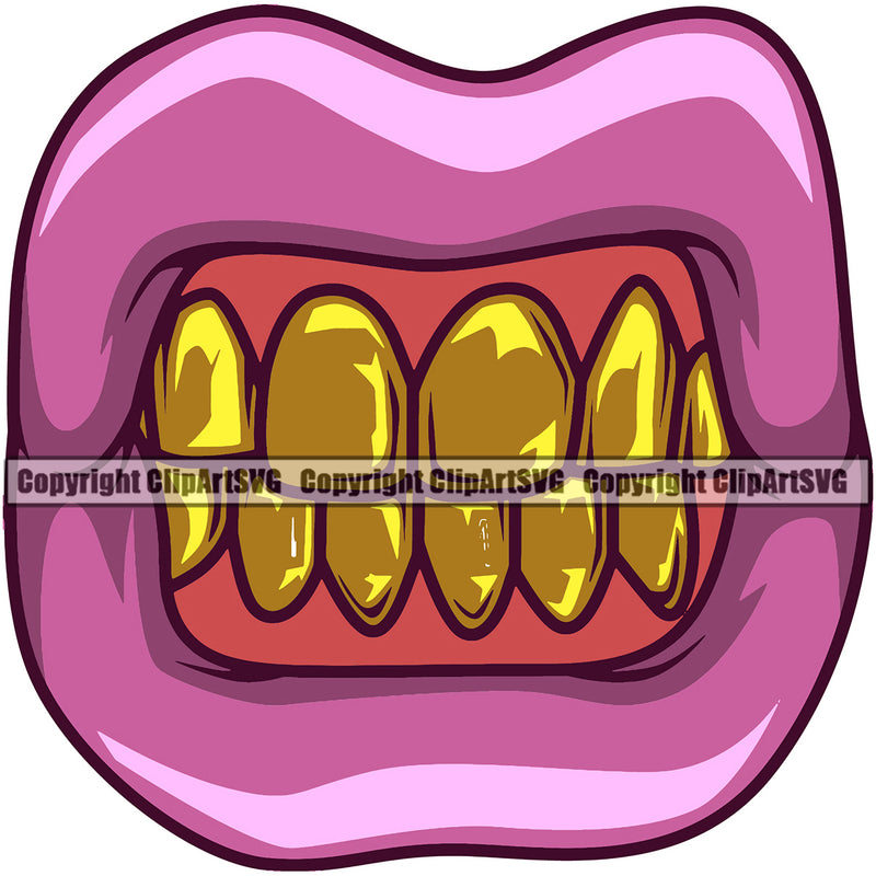 Lips Pink Color Design Element Gold Teeth Face Sexy Mouth Position Gangster Grill Thug Mean Mug Bling Cartoon Character Mascot Creation Create Woman Female Girl Artwork Creator Business Company Logo Clipart SVG