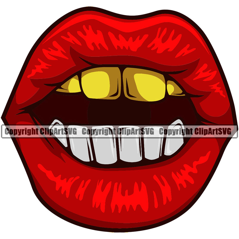 Lips Gold Teeth Top Design Element Face Sexy Mouth Woman Female Girl Lady Cartoon Mascot Creation Create Art Gangster Grill Thug Mean Mug Bling Jewelry Business Company Logo Clipart SVG