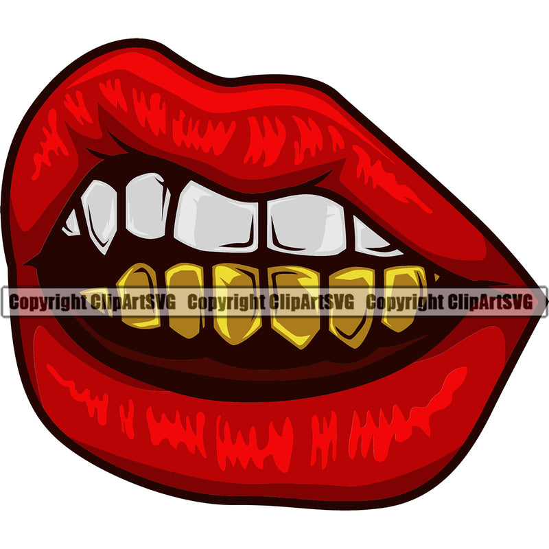 Lips Bottom Gold Teeth Design Element Red Color Face Sexy Mouth Position Gangster Woman Female Girl Thug Mean Mug Bling Cartoon Character Mascot Creation Create Art Artwork Creator Business Company Logo Clipart SVG