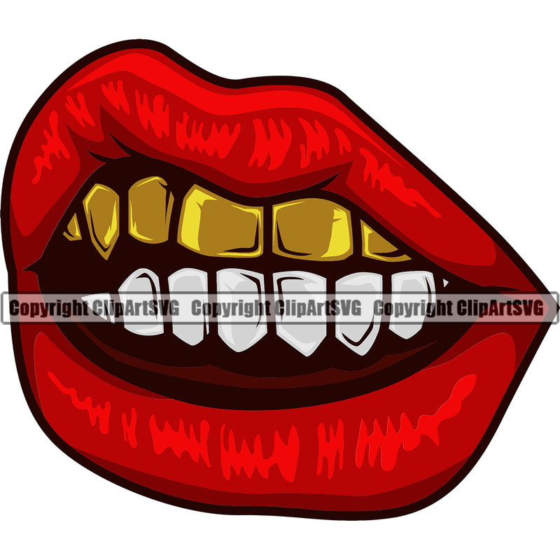 Lips Top Gold Teeth Design Element Face Sexy Mouth Position Gangster Grill Thug Mean Mug Bling Jewelry Cartoon Character Mascot Creation Create Art Woman Female Girl Lady Business Company Logo Clipart SVG