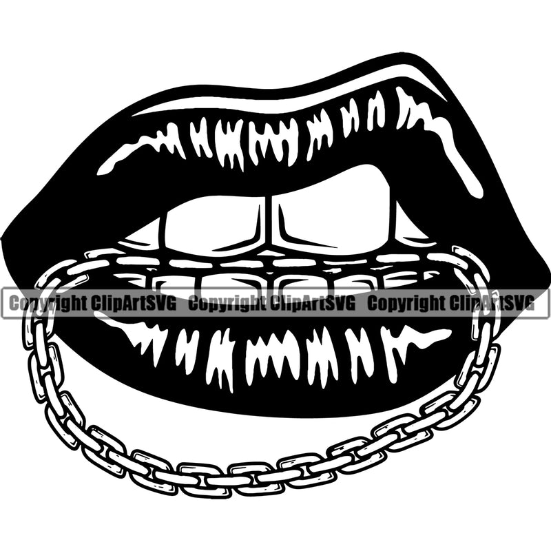 Lips Gold Teeth Bite Biting Necklace Design Element Face Sexy Mouth Position Woman Female Girl Lady Gangster Grill Thug Mean Mug Bling Jewelry Character Mascot Creation Create Art Artwork Creator Business Company Logo Clipart SVG