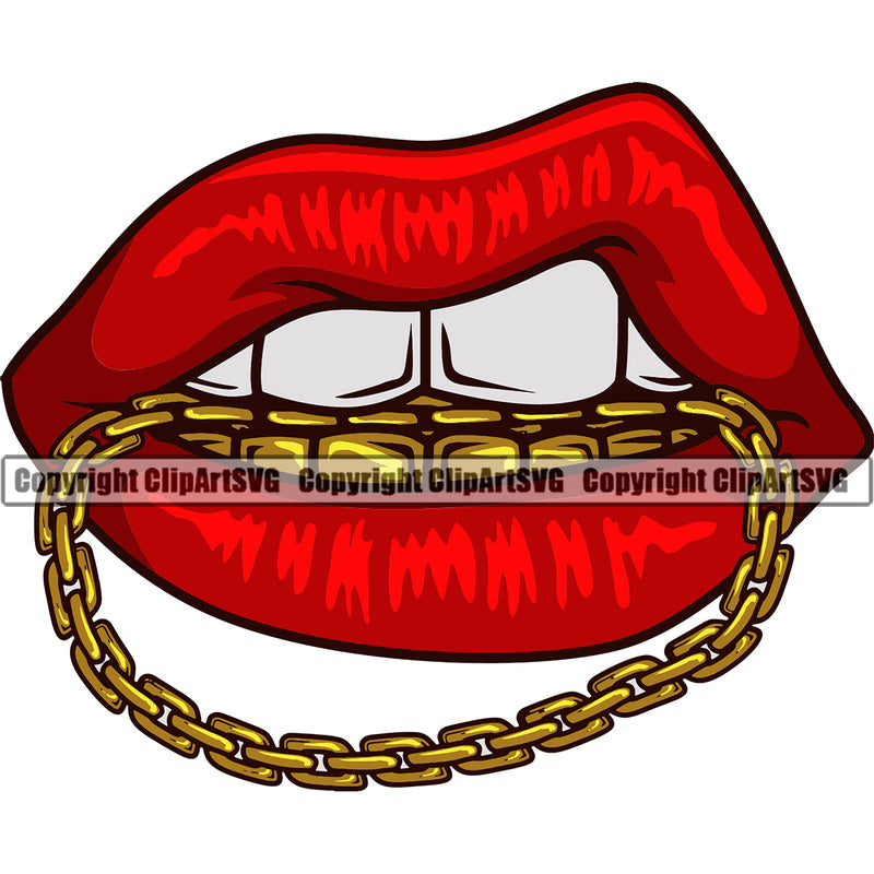 Lips Red Gold Teeth Bite Biting Necklace Chain Design Element Face Sexy Mouth Position Woman Female Girl Lady Cartoon Character Mascot Gangster Grill Thug Mean Mug Bling Jewelry Create Art Artwork Creator Business Company Logo Clipart SVG