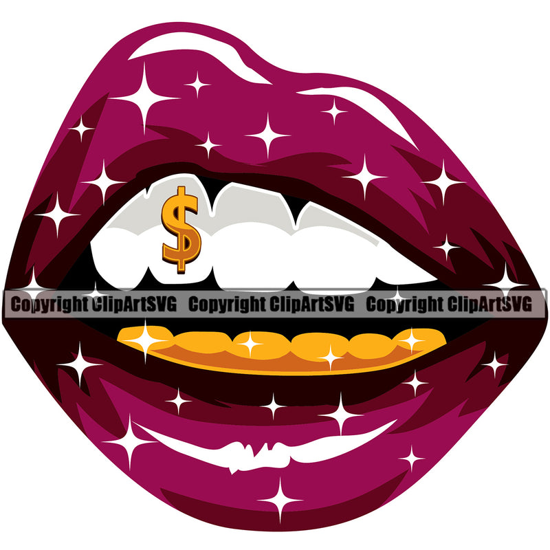 Lips Gold Teeth Dollar Sign Design Element Gangster Grill Thug Mean Mug Woman Female Girl Lady Jewelry Face Sexy Mouth Position Head Cartoon Character Mascot Creation Create Art Artwork Creator Business Company Logo Clipart SVG