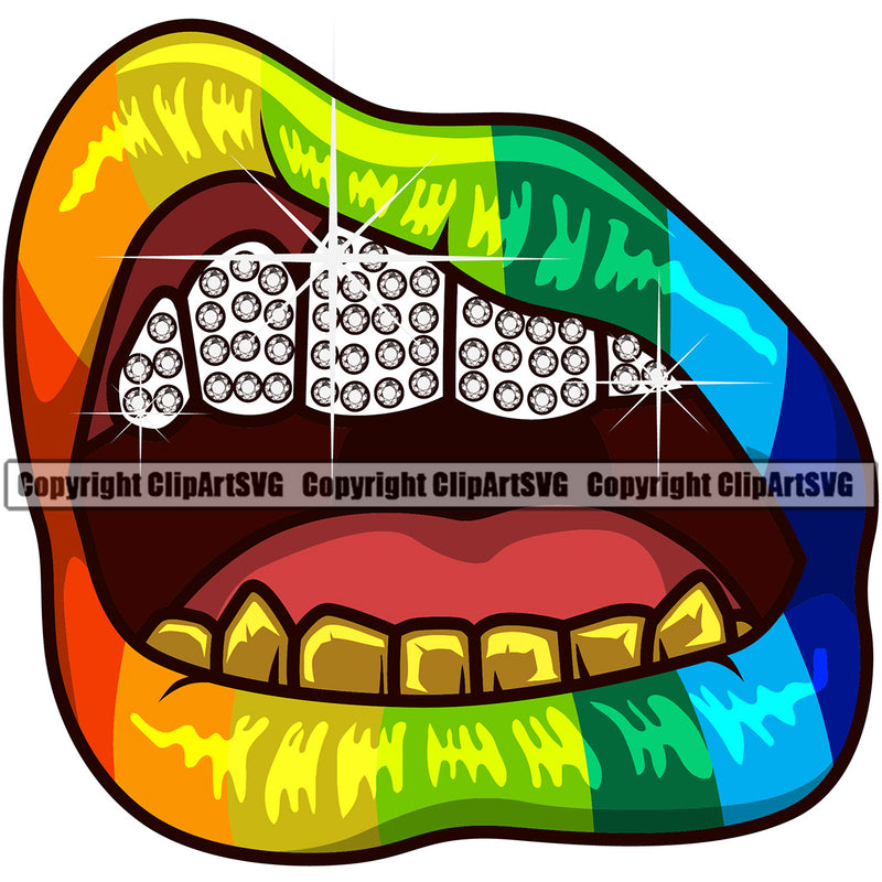 Lips Kiss Bite Lip Rainbow Color Gay Lesbian LGBT Flag Gold Teeth Design Element Diamond Face Sexy Mouth Gangster Grill Thug Mean Mug Bling Jewelry Woman Female Girl Lady Male Man Boy Character Create Art Artwork Creator Business Company Logo Clipart SVG