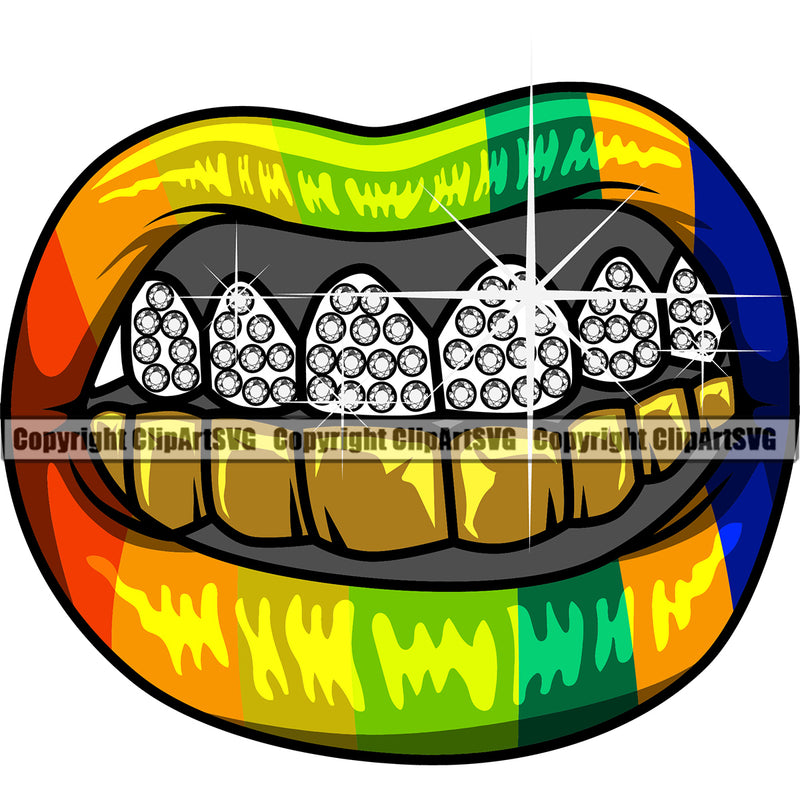 Lips Kiss Bite Lip Rainbow Color Gay Lesbian LGBT Flag Design Element Woman Female Girl Lady Male Gangster Grill Thug Mean Mug Bling Jewe Man Boy Face Sexy Mouth Position Head Cartoon Character Create Art Artwork Creator Business Company Logo Clipart SVG