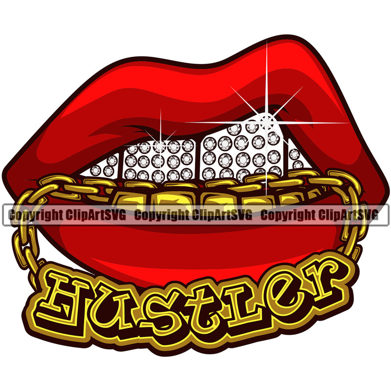 Lips Bite Biting Gold Chain Necklace Teeth Diamond Design Element Hustler Gangster Grill Thug Woman Female Girl Lady Mug Bling Mouth Position Head Cartoon Character Mascot Creation Create Art Artwork Creator Business Company Logo Clipart SVG
