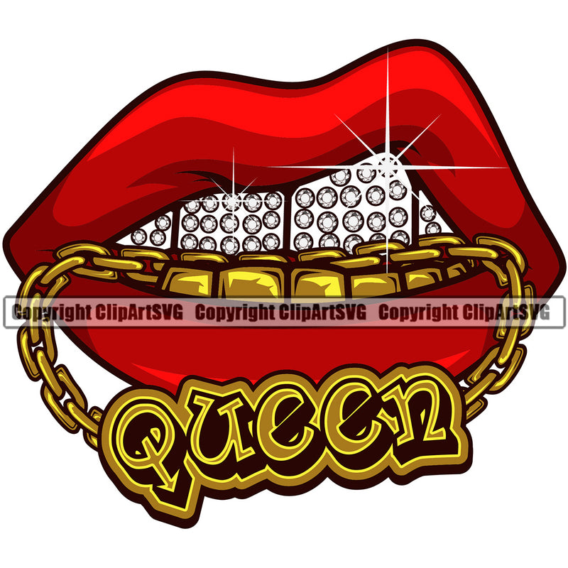 Lips Bite Biting Gold Chain Necklace Teeth Queen Text Design Element Face Sexy Mouth Position Woman Female Girl Lady Cartoon Character Mascot Creation Create Art Artwork Creator Business Gangster Grill Thug Mean Mug Bling Logo Clipart SVG