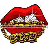 Lips Bite Biting Gold Chain Necklace Diamond Teeth Design Element Face Sexy Mouth Gangster Grill Thug Mean Mug Bling Jewelry Head Cartoon Character Mascot Creation Create Art Artwork Creator Female Girl Lady Company Logo Clipart SVG