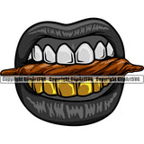 Lips Burning Smoke Smoking Marijuana Pot Blunt Cigar Cigarette Roll Gold Teeth Design Element Face Sexy Mouth Position Gangster Grill Thug Bling Jewelry Cartoon Character Create Woman Female Girl Artwork Creator Business Company Logo Clipart SVG