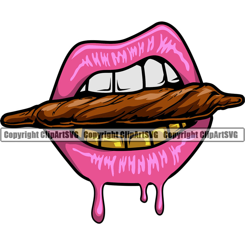 Lips Burning Smoke Smoking Marijuana Pot Blunt Bite Biting Cigar Cigarette Roll Gold Teeth Pink Drip Design Element Face Gangster Grill Thug Bling Jewelry Mouth Head Cartoon Create Art Woman Female Girl Lady Creator Business Logo Clipart SVG