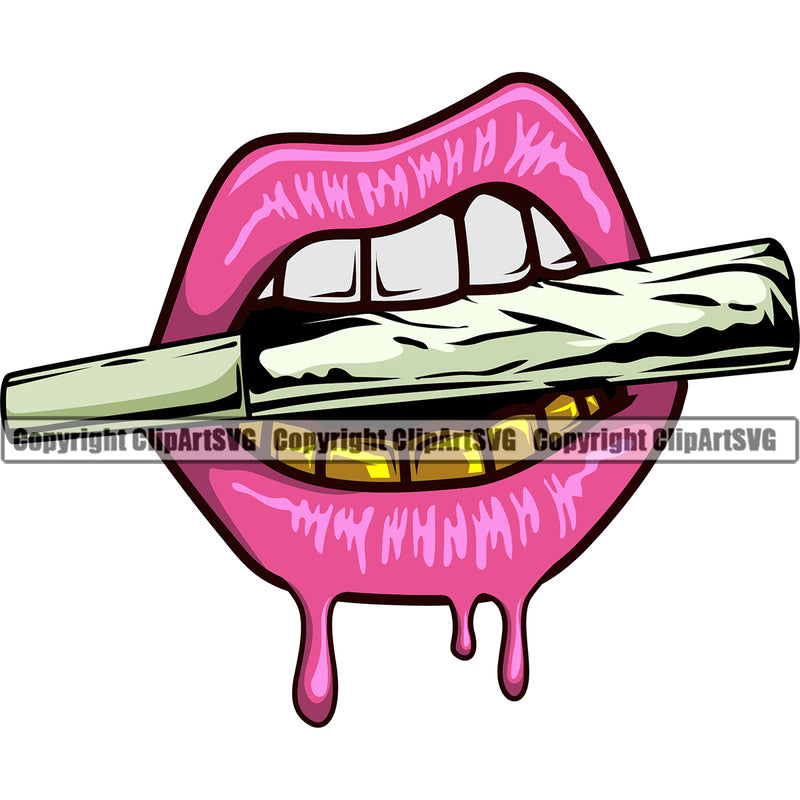 Lips Gold Teeth Marijuana Pot Blunt Cigar Cigarette Roll Design Element Pink Face Sexy Mouth Position Gangster Grill Thug Mean Mug Bling Cartoon Character Mascot Woman Female Girl Create Art Artwork Creator Business Company Logo Clipart SVG
