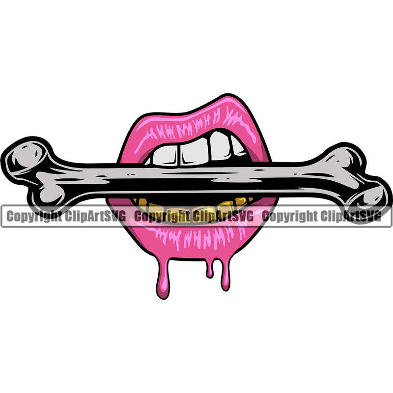 Lips Gold Teeth Bite Biting Human Bone Horror Design Element Face Sexy Woman Female Girl Gangster Grill Thug Mean Mug Bling Jewelry Cartoon Character Mascot Creation Create Art Artwork Creator Business Company Logo Clipart SVG