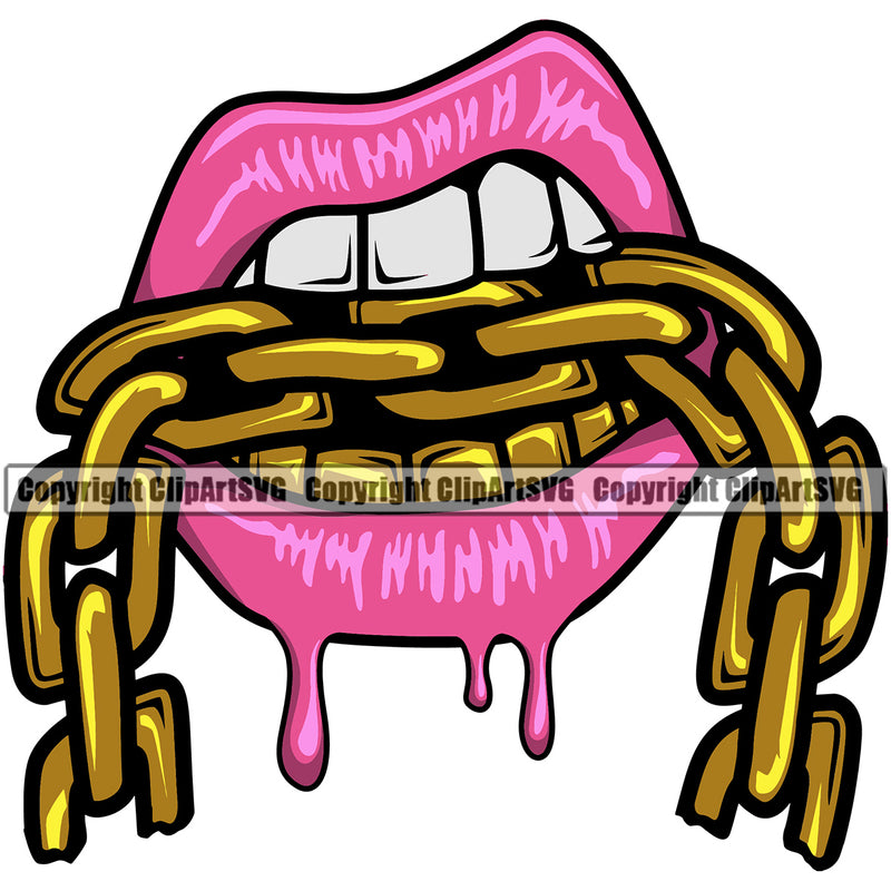 Lips Gold Teeth Bite Biting Gold Necklace Chain Design Element Dripping Face Sexy Mouth Position Gangster Grill Thug Mean Mug Bling Jewelry Cartoon Character Mascot  Woman Female Girl Lady Create Art Artwork Creator Business Company Logo Clipart SVG