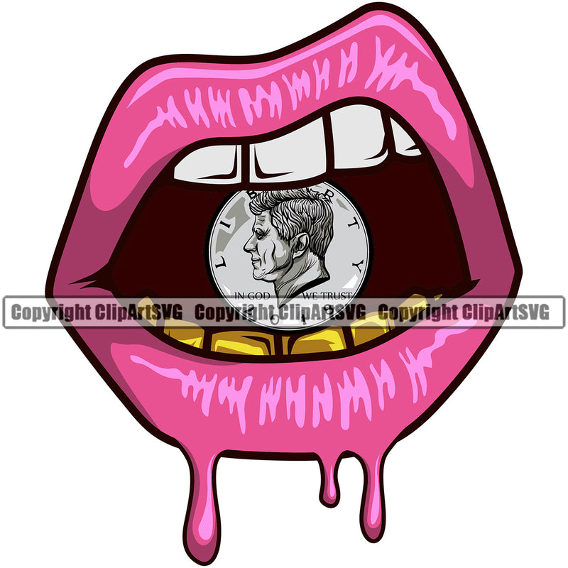Lips Gold Teeth 50 Cent Coin Dripping Design Element Dripping Face Sexy Mouth Woman Female Girl Lady Head Cartoon Character Mascot Gangster Grill Thug Mean Mug Bling Jewelry Create Art Business Company Logo Clipart SVG