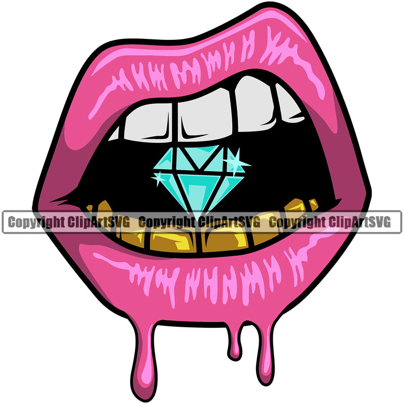 Lips Gold Teeth Bite Biting Diamond Gemstone Gem Design Element Face Gangster Grill Thug Mean Mug Bling Jewelry Mouth Position Head Cartoon Character Mascot Creation Create Art Woman Female Girl Lady Creator Company Logo Clipart SVG