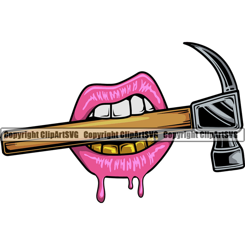 Lips Gold Teeth Bite Biting Hammer Dripping Carpenter Builder Build Design Element Face Sexy Mouth Position Woman Female Girl Lady Cartoon Character Mascot Creation Artwork Gangster Grill Thug Mean Mug Bling Business Company Logo Clipart SVG