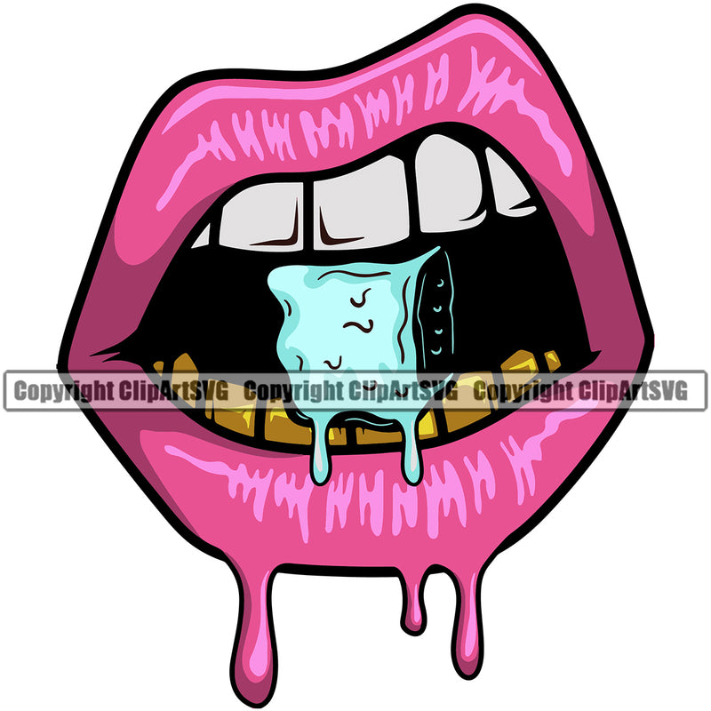 Lips Gold Teeth Bite Biting Ice Cube Dripping Melt Melting Design Element Face Sexy Mouth Woman Female Girl Lady Cartoon Character Mascot Creation Create Art Grill Thug Mean Mug Bling Jewelry Business Company Logo Clipart SVG
