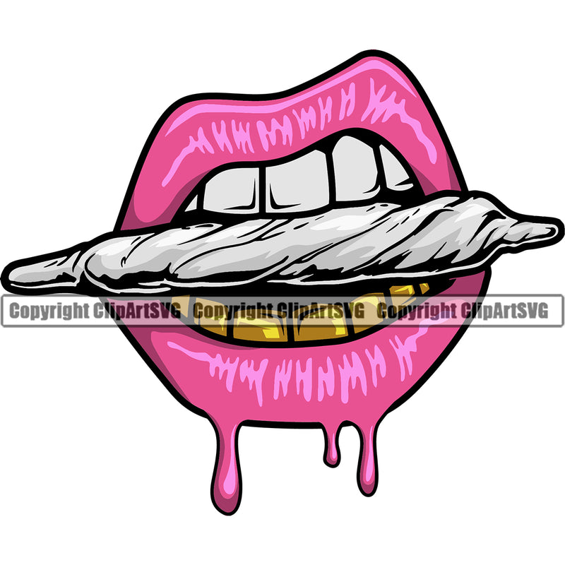 Lips Gold Teeth Bite Biting Marijuana Pot Joint Blunt Dripping Design Element Gangster Grill Thug Mean Mug Female Girl Lady Jewelry Face Sexy Mouth Position Head Cartoon Character Creation Create Art Artwork Creator Business Logo Clipart SVG