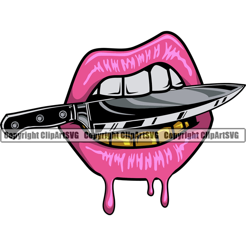Lips Gold Teeth Butcher Bite Biting Knife Horror Dripping Design Element Face Gangster Grill Thug Mean Mug Bling Mouth Position Head Cartoon Character Mascot Creation Create Woman Female Girl Lady Creator Business Company Logo Clipart SVG
