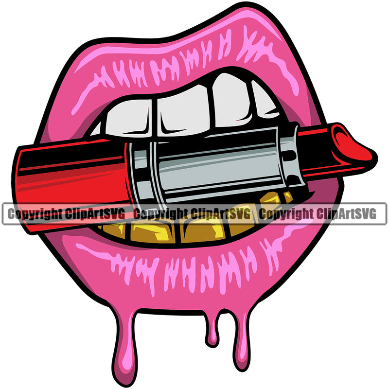 Lips Gold Teeth Bite Biting Lipstick Makeup Cosmetology Dripping Design Element Face Sexy Woman Female Girl Lady Position Head Cartoon Character Mascot Creation Create Art Artwork Grill Thug Mean Mug Bling Jewelry Business Logo Clipart SVG