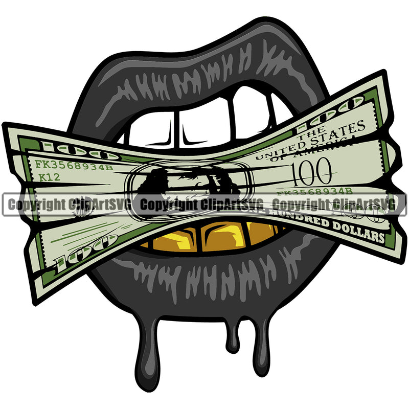 Lips Bite Biting $100 Dollar Bill Cash Money Black Color Teeth Dripping Gold Design Element Face Gangster Grill Thug Mean Mug Bling Jewelry Mouth Position Head Cartoon Character Mascot Woman Female Girl Lady Art Creator Business Logo Clipart SVG