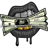 Lips Bite Biting $100 Dollar Bill Dripping Cash Money Gold Diamond Teeth Money Design Drip Element Face Gangster Grill Thug Woman Female Girl Lady Mug Bling Jewelry Mouth Head Cartoon Character Mascot Creation Art Artwork Creator Business Logo Clipart SVG