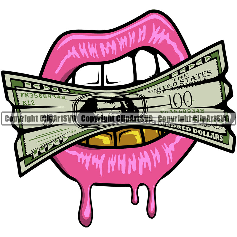 Lips Bite Biting $100 Dollar Bill Cash Money Pink Design Element Gold Teeth Drip Money Face Sexy Position Gangster Grill Thug Bling Jewelry Character Mascot Creation Create Art Artwork Creator Business Company Woman Female Girl Lady Clipart SVG