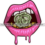 Lips Design Element Bite Biting $100 Dollar Bill Cash Money Rose Gold Teeth Pink Color Drip Face Sexy Gangster Grill Thug Mean Mug Bling Position Head Cartoon Character Mascot Create Art Creator Woman Girl Lady Company Logo Clipart SVG