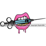 Lips Gold Teeth Bite Biting Medical Syringe Needle Design Element Face Gangster Grill Thug Mean Mug Bling Mouth Position Head Cartoon Character Mascot Creation Create Art Woman Female Girl Lady Creator Business Company Logo Clipart SVG