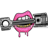 Lips Gold Teeth Engine Bite Biting Piston Mechanic Design Element Pink Drip Face Sexy Mouth Gangster Grill Thug Mean Mug Position Head Cartoon Character Mascot Creation Create Art Woman Female Girl Creator Business Company Logo Clipart SVG