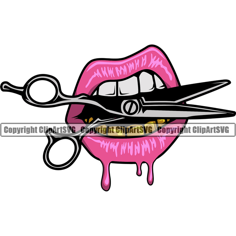 Lips Gold Teeth Bite Biting Scissors Design Element Face Sexy Mouth Gangster Grill Thug Mean Woman Female Girl Lady Mug Bling Jewelry Position Head Cartoon Character Mascot Creation Create Art Artwork Creator Business Company Logo Clipart SVG