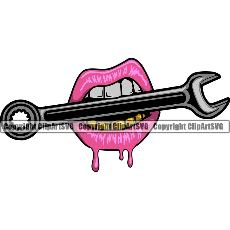 Lips Gold Teeth Bite Biting Wrench Design Element Face Gangster Grill Thug Mean Mug Bling Jewelry Mouth Position Head Cartoon Character Mascot Creation Create Art Artwork Creator Business Company Logo Clipart SVG