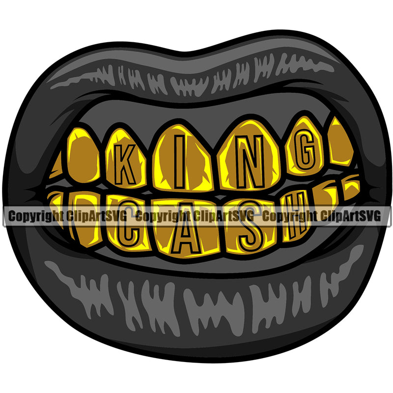 Lips Gold Teeth King Cash Text Design Element Face Sexy Mouth Position Gangster Grill Thug Mean Cartoon Character Mascot Creation Create Art Artwork Creator Business Mug Bling Jewelry Woman Female Girl Lady Company Logo Clipart SVG