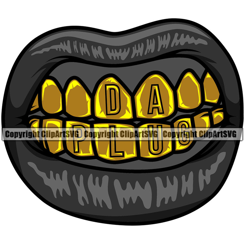 Lips Both Gold Teeth Text Design Element Face Sexy Mouth Position Head Gangster Grill Thug Mean Mug Bling Jewelry Cartoon Character Mascot Creation Create Art Artwork Creator Business Company Logo Clipart SVG